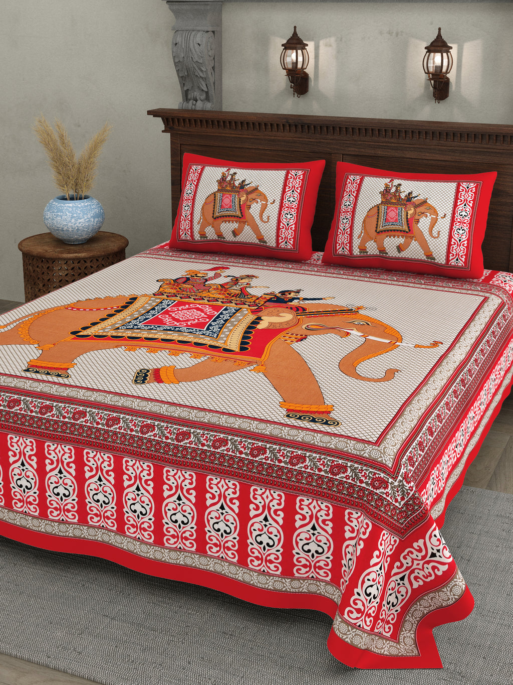 Red Elephant Parade Cotton Bedsheet
