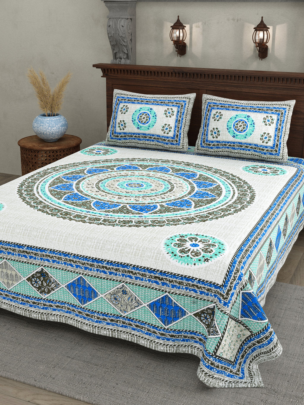 Mandala Art Cotton Bedsheet – Ocean Blue Elegance