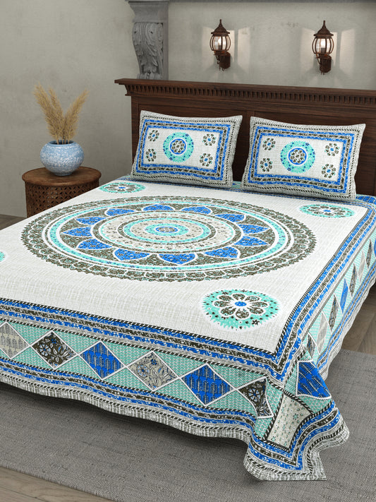 Mandala Art Cotton Bedsheet – Ocean Blue Elegance