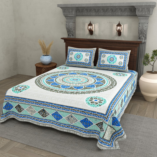 Mandala Art Cotton Bedsheet – Ocean Blue Elegance