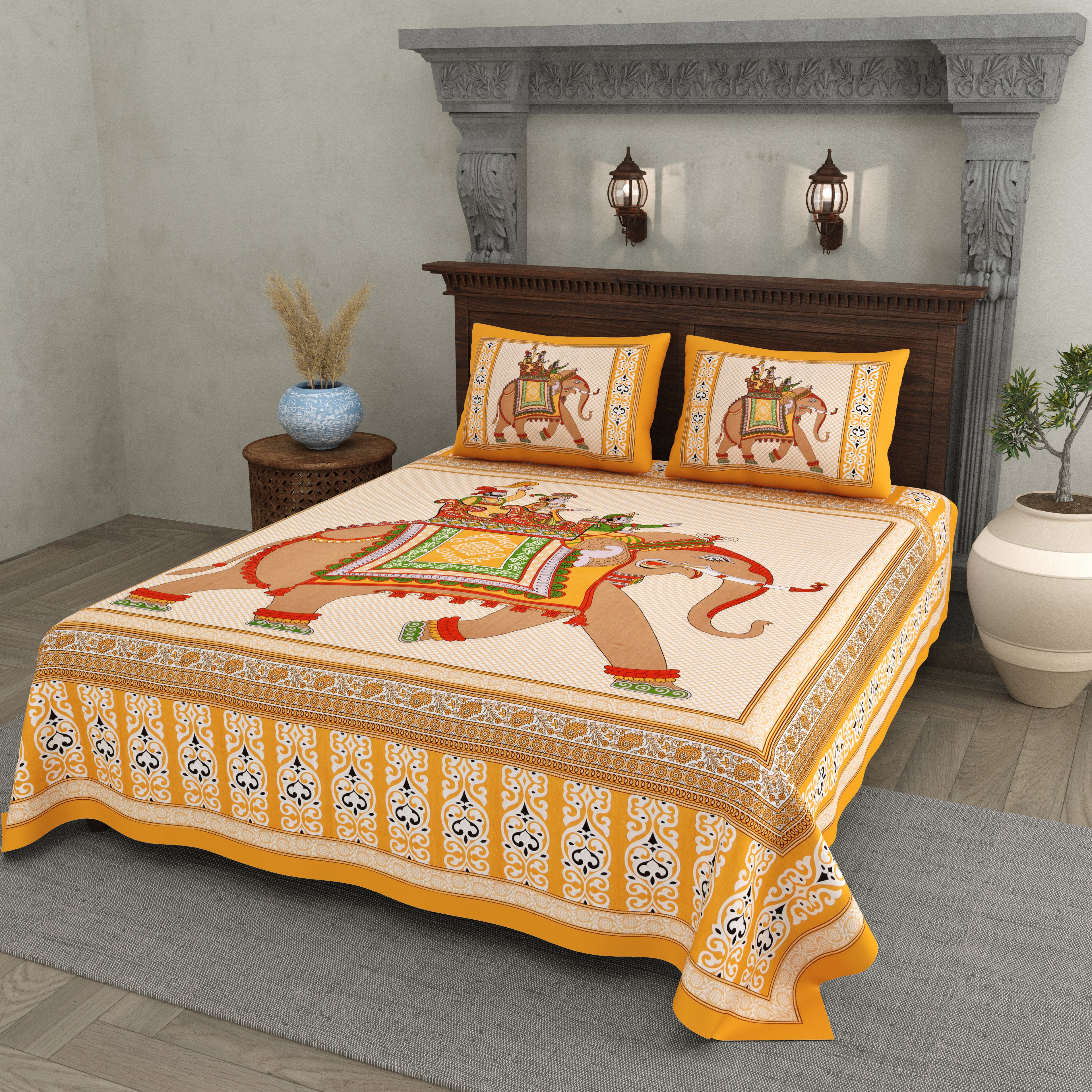 Golden Elephant Parade Cotton Bedsheet