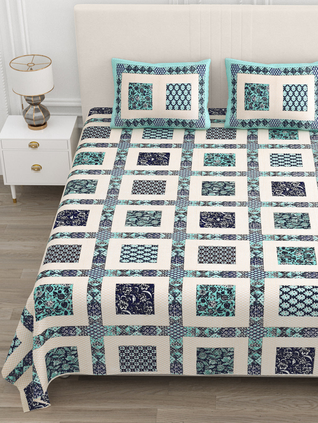 Teal Mosaic Squares King Size Bedsheet