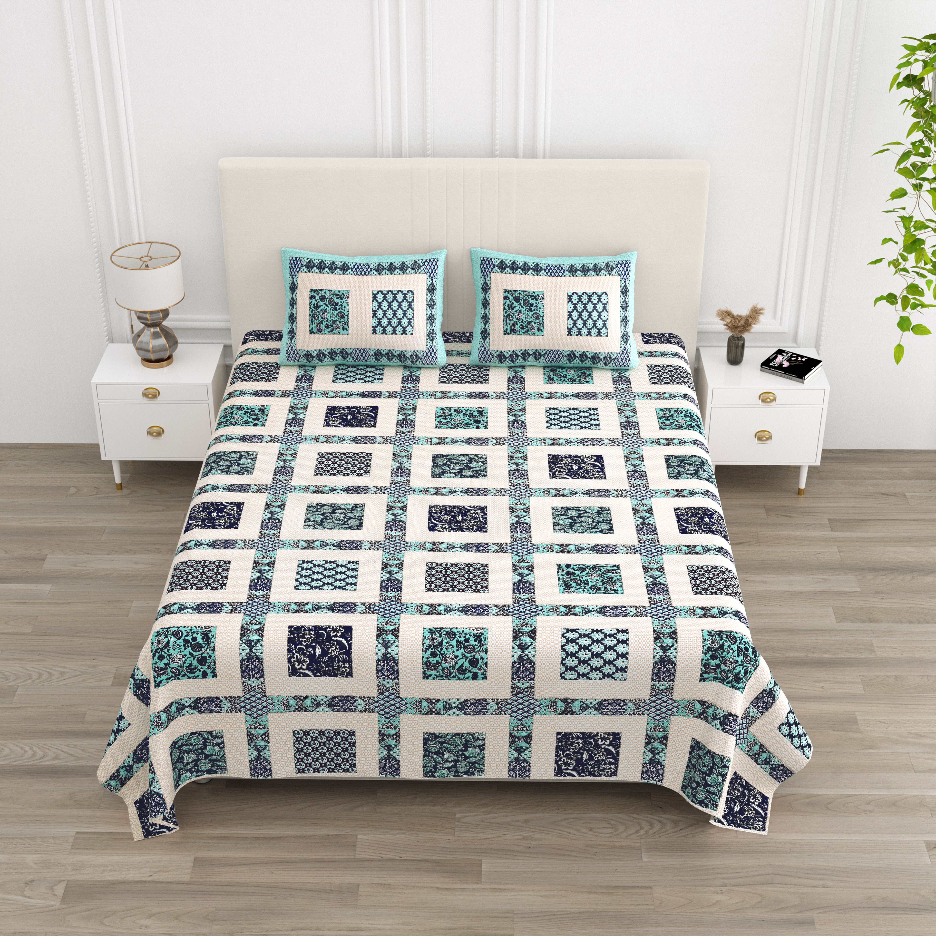 Teal Mosaic Squares King Size Bedsheet