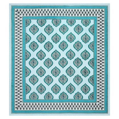 Aqua Blue Mughal Motif - Double Size - 100% Cotton Bedsheet