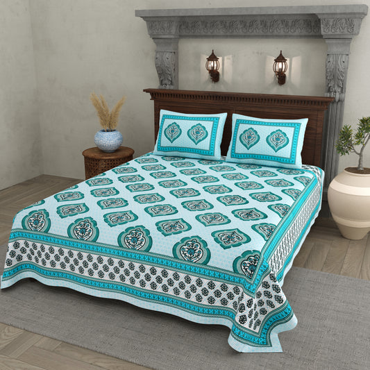 Aqua Blue Mughal Motif - Double Size - 100% Cotton Bedsheet