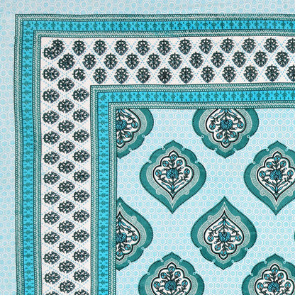 Aqua Blue Mughal Motif - Double Size - 100% Cotton Bedsheet