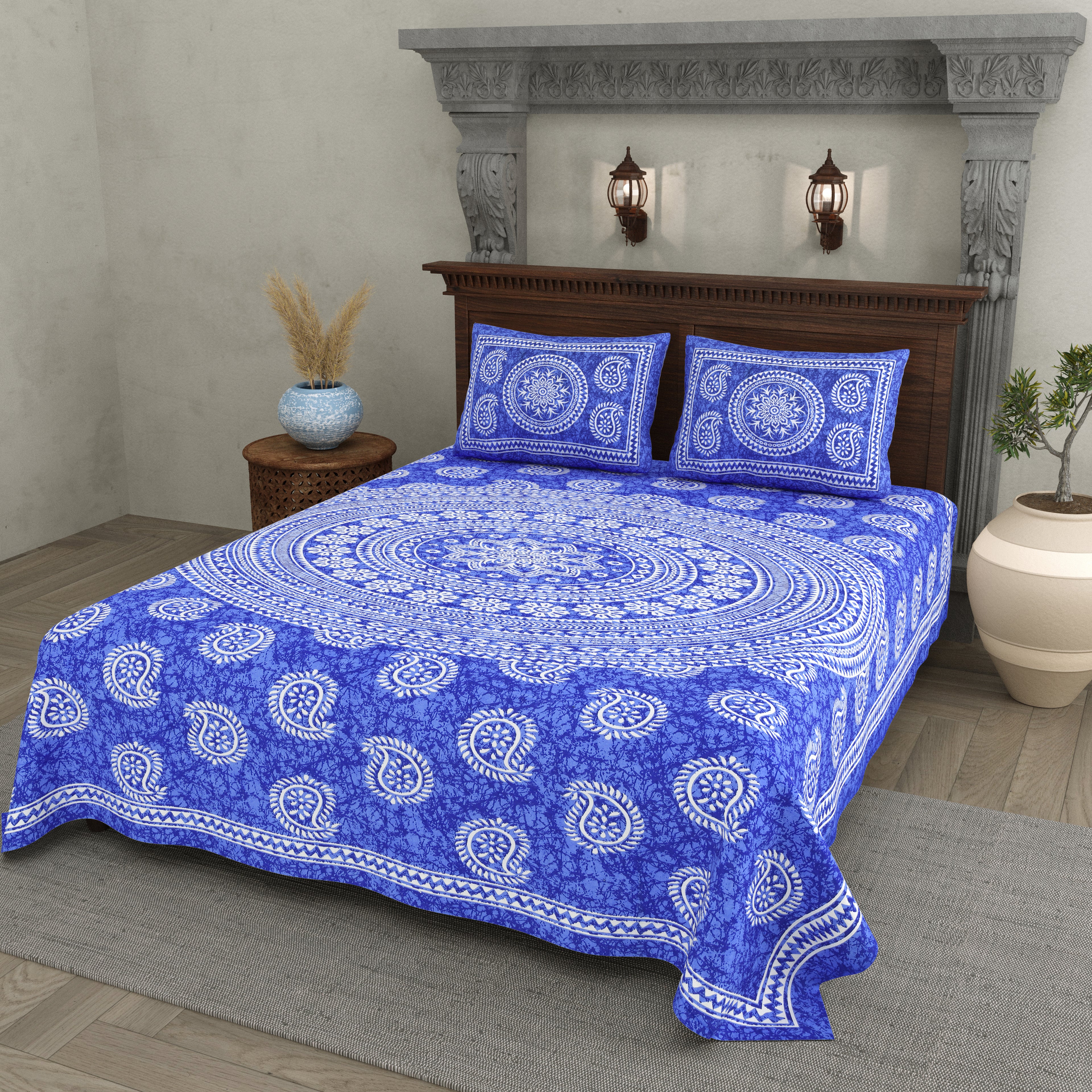 Blue Paisley Mandala Print Cotton Bedsheet