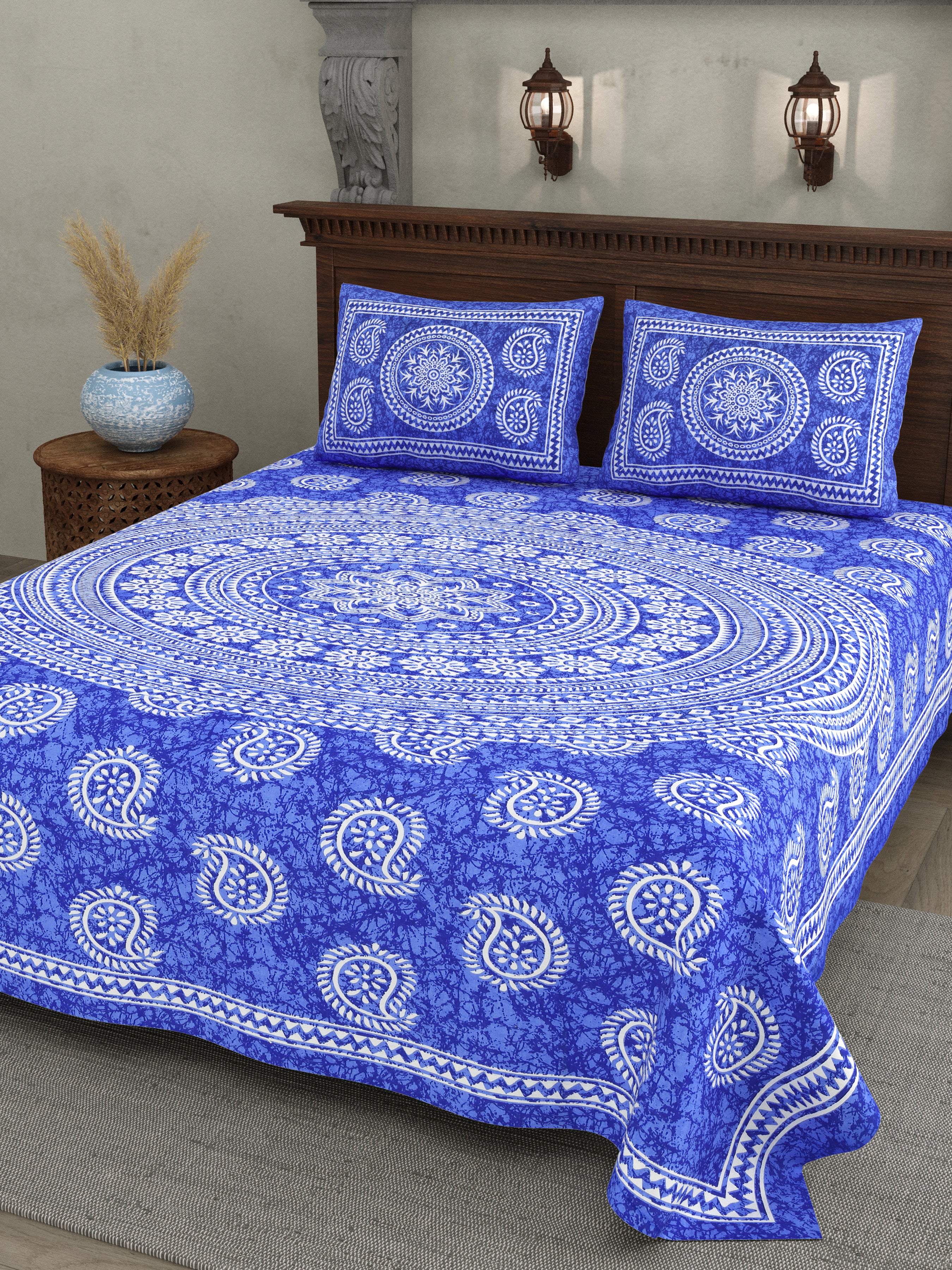 Blue Paisley Mandala Print Cotton Bedsheet