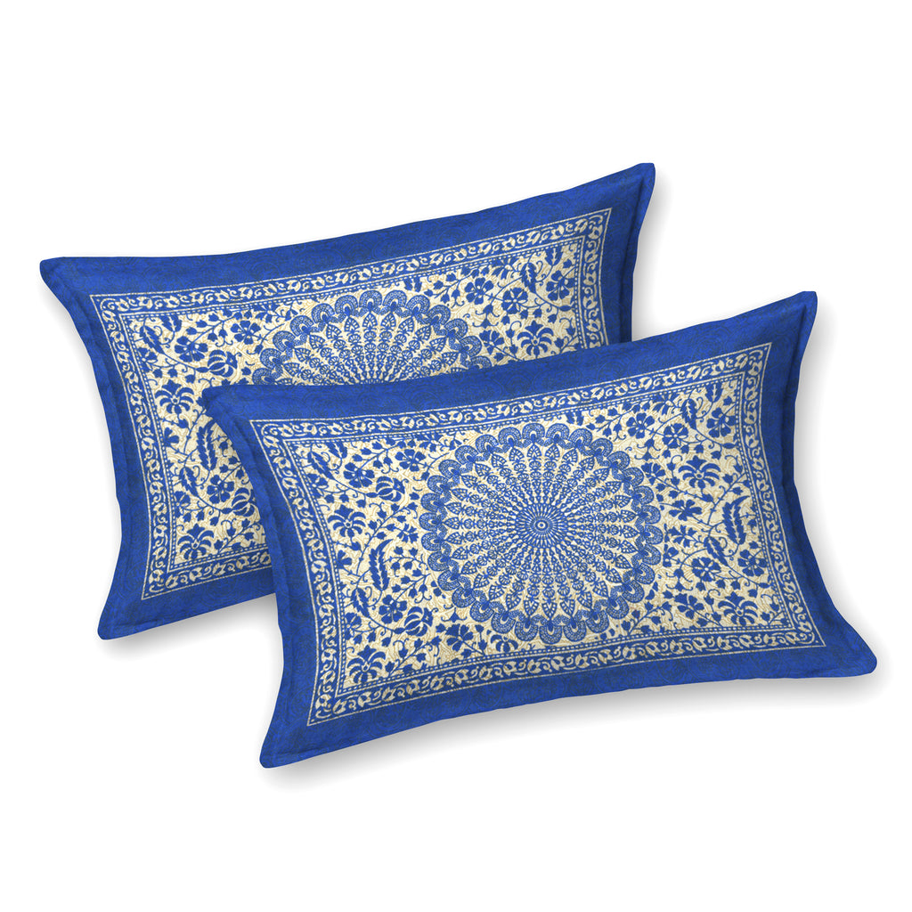 Mandala Art Cotton Bedsheet – Royal Blue Sunburst Elegance