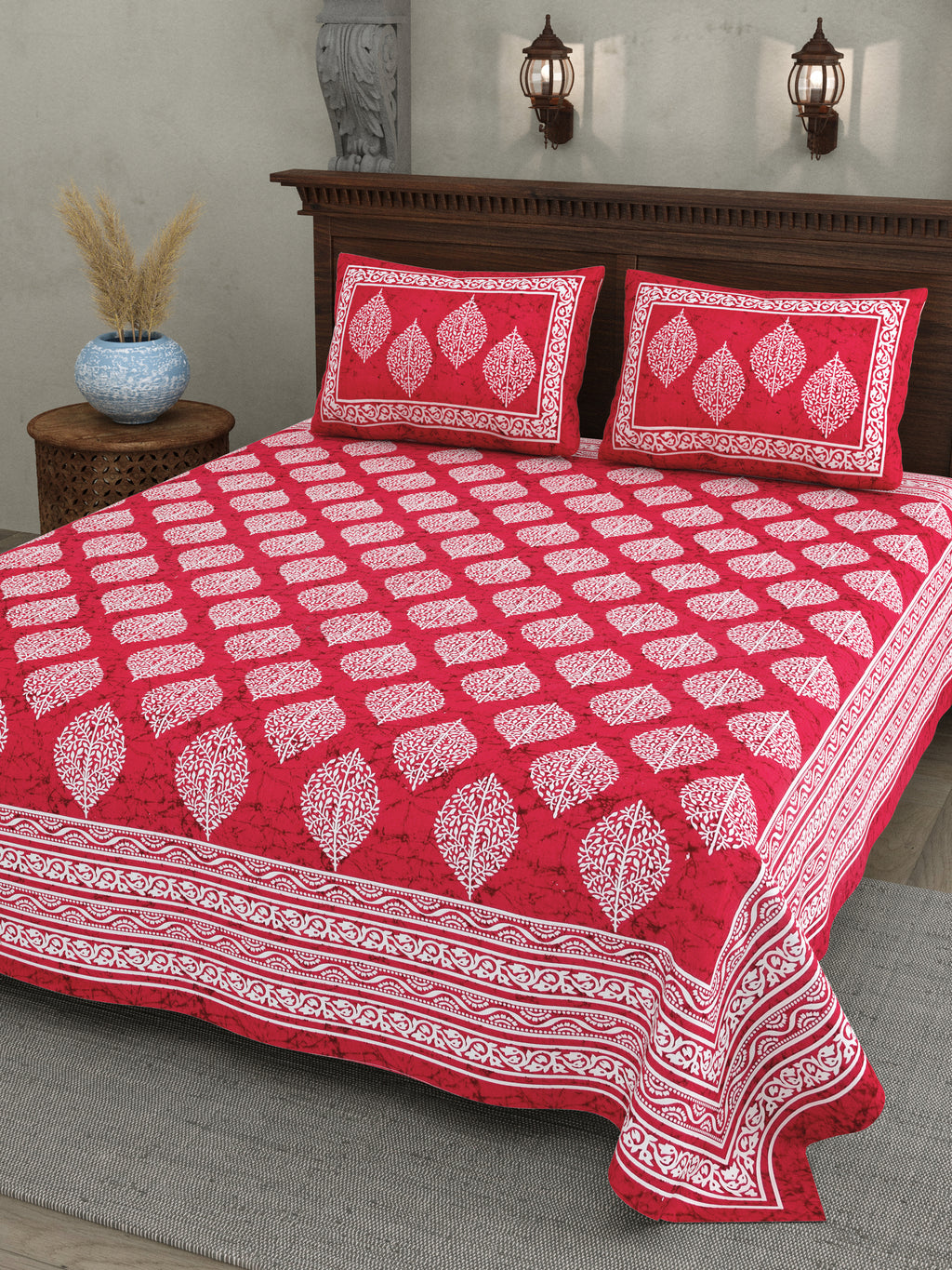 Red Leaf Motif Cotton Bedsheet