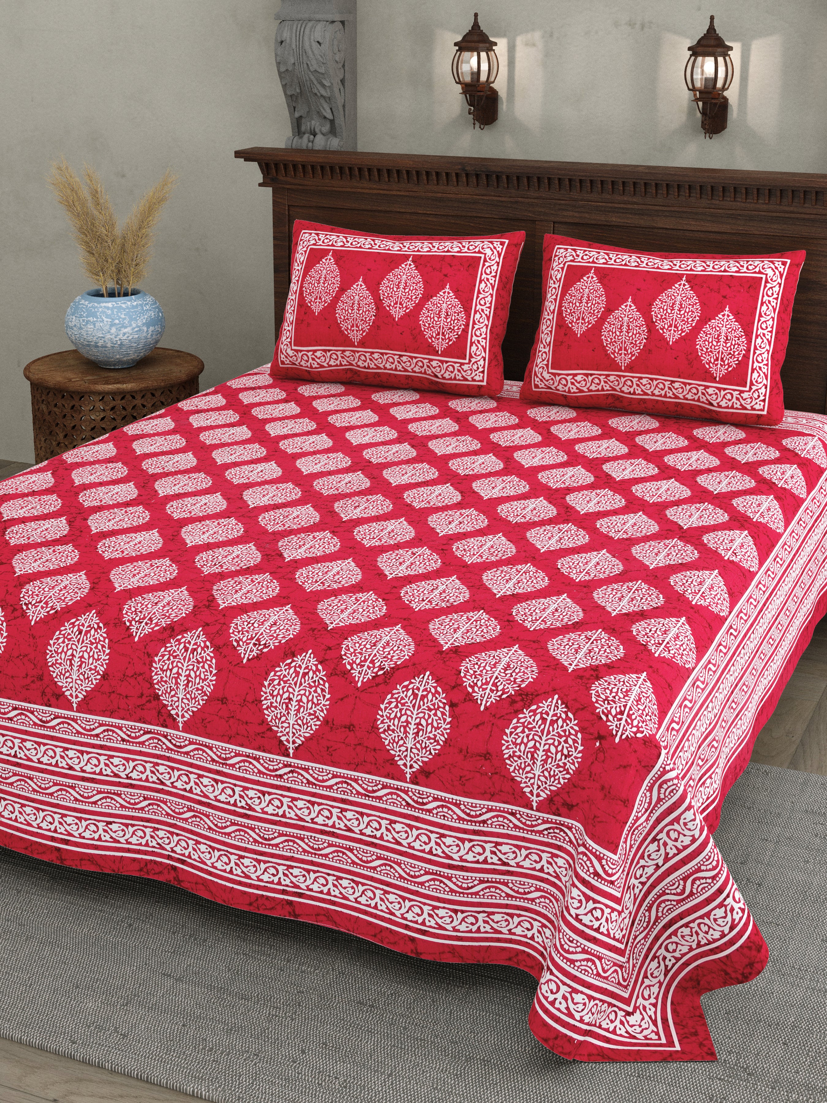 Red Leaf Motif Cotton Bedsheet