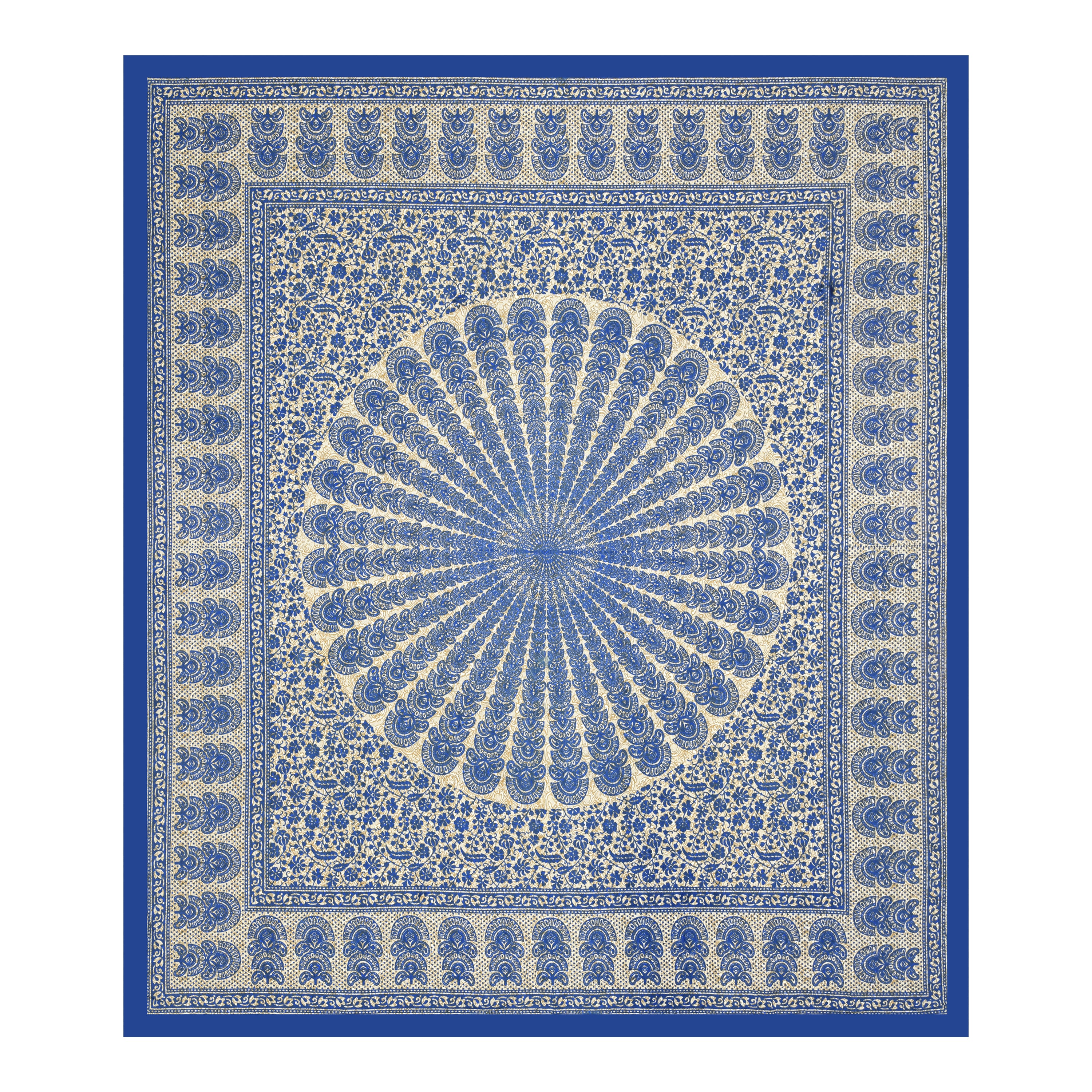 Mandala Art Cotton Bedsheet – Royal Blue Sunburst Elegance