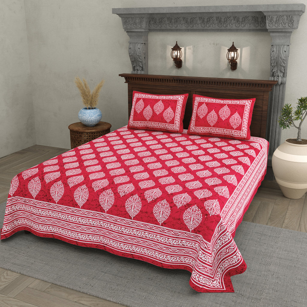 Red Leaf Motif Cotton Bedsheet