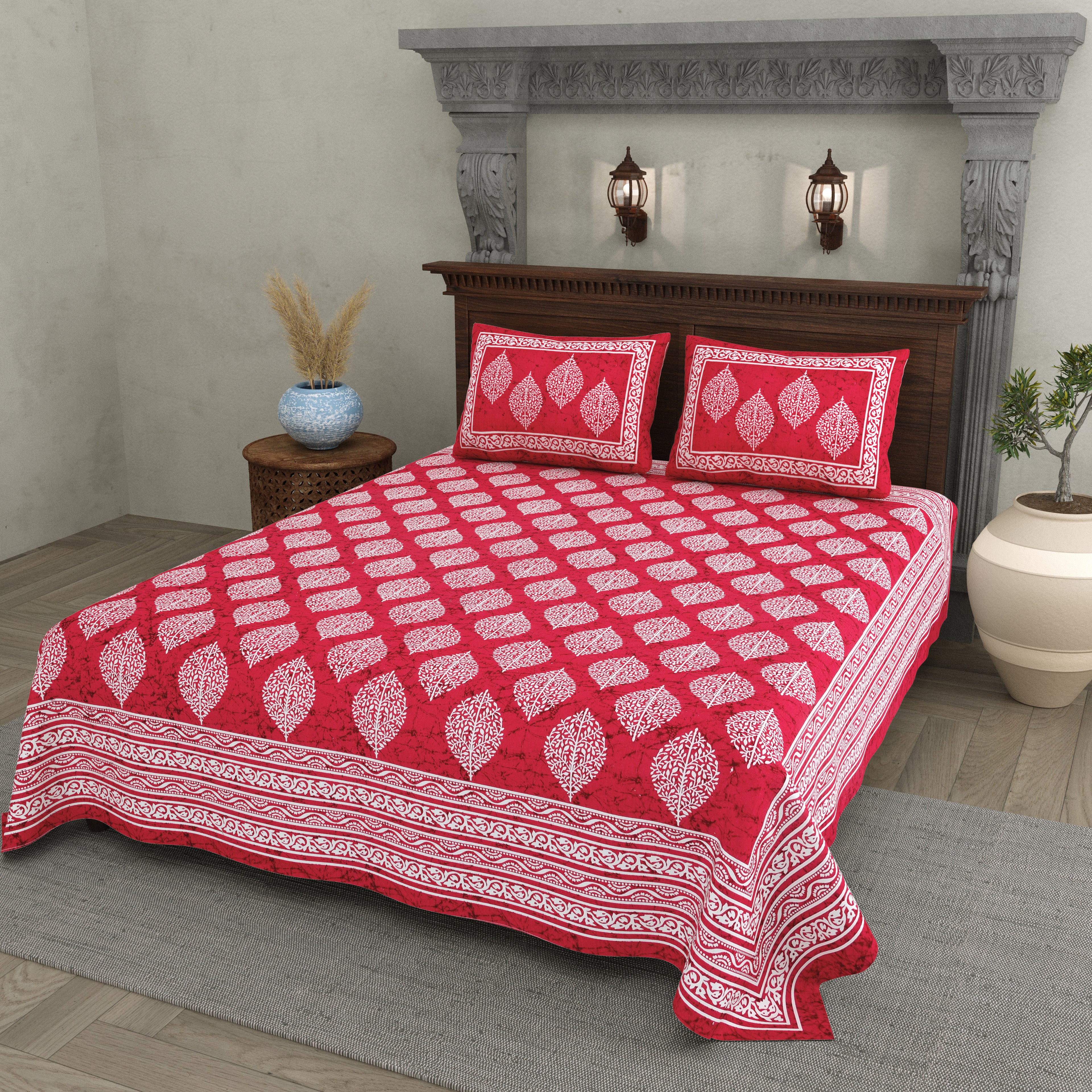 Red Leaf Motif Cotton Bedsheet