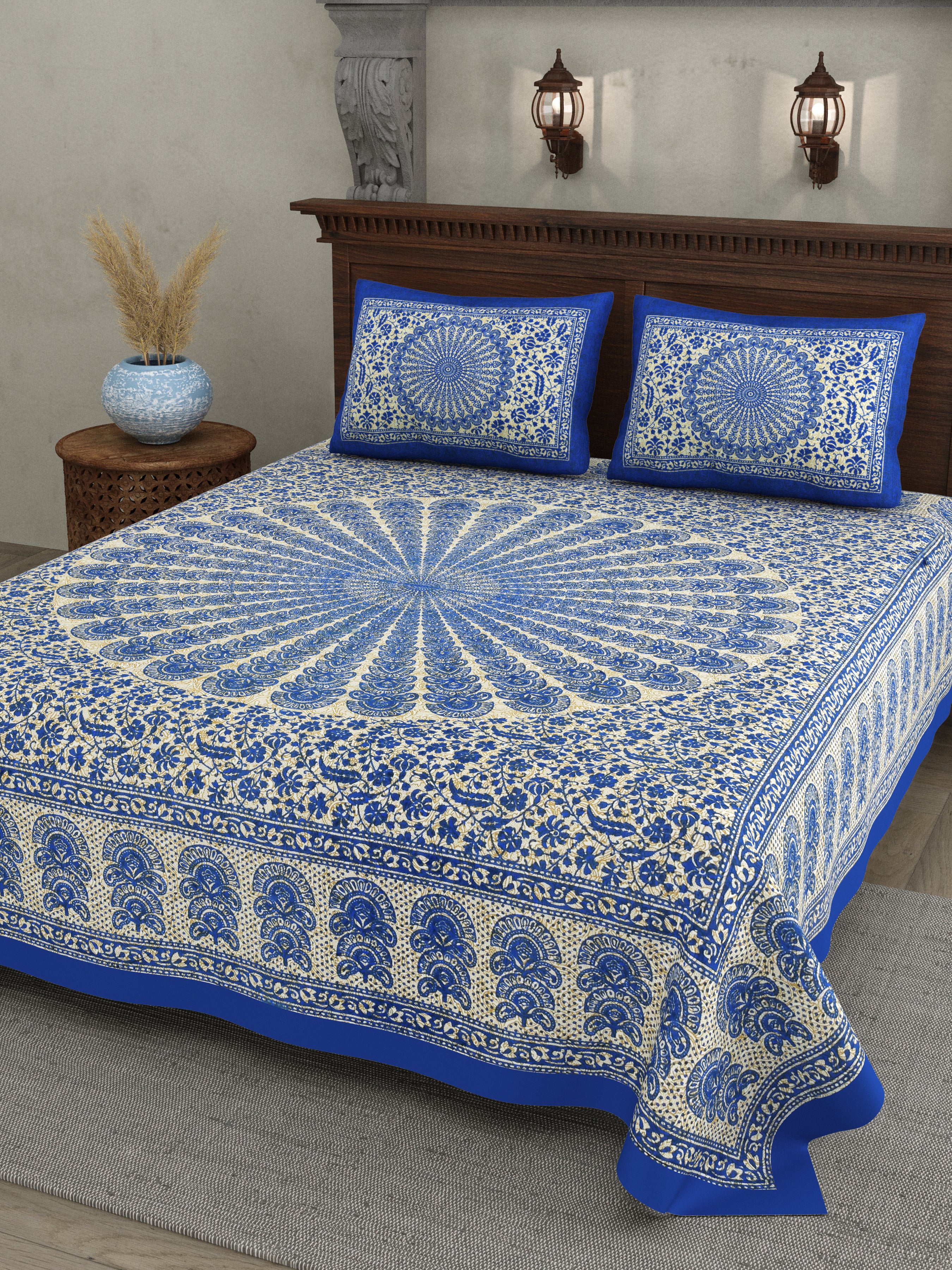 Mandala Art Cotton Bedsheet – Royal Blue Sunburst Elegance