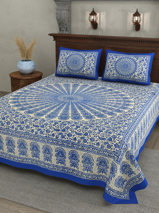 Mandala Art Cotton Bedsheet – Royal Blue Sunburst Elegance