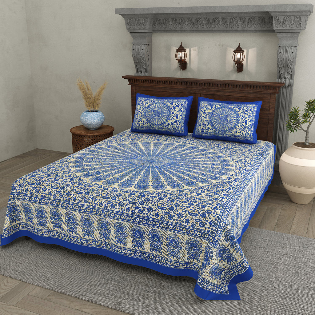 Mandala Art Cotton Bedsheet – Royal Blue Sunburst Elegance