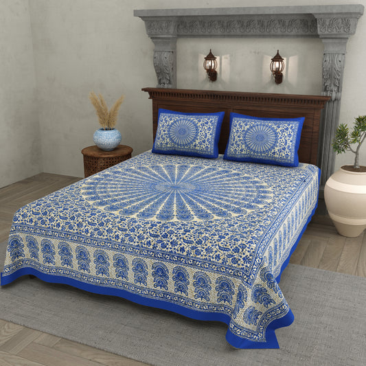 Mandala Art Cotton Bedsheet – Royal Blue Sunburst Elegance