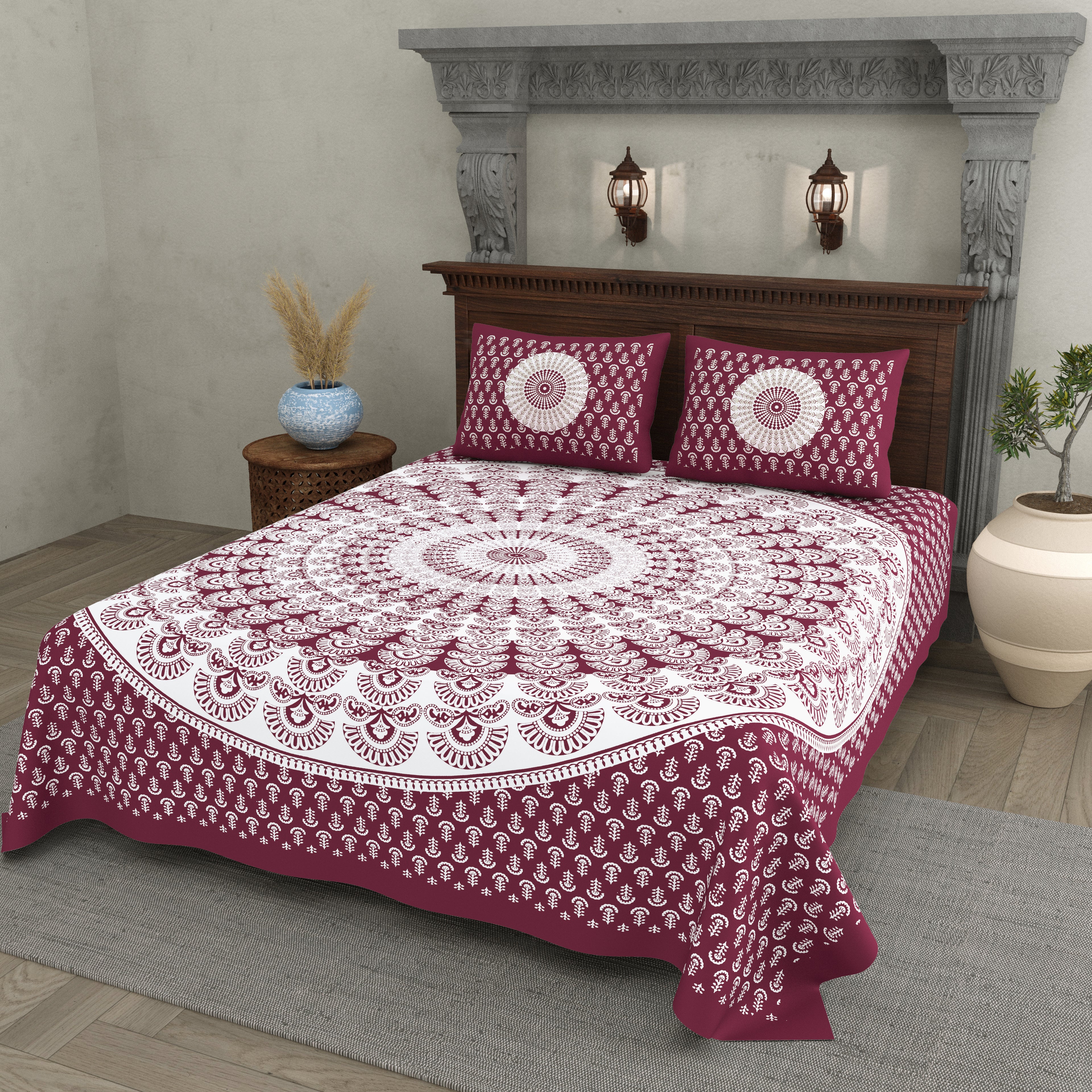 Wine Mandala Art Cotton Bedsheet