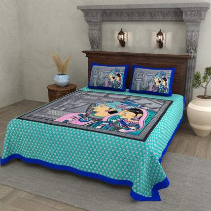 Raja Rani Print Cotton Bedsheet – Royal Teal Edition (Double Bed Size)