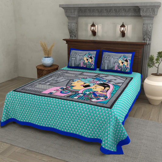 Raja Rani Print Cotton Bedsheet – Royal Teal Edition (Double Bed Size)