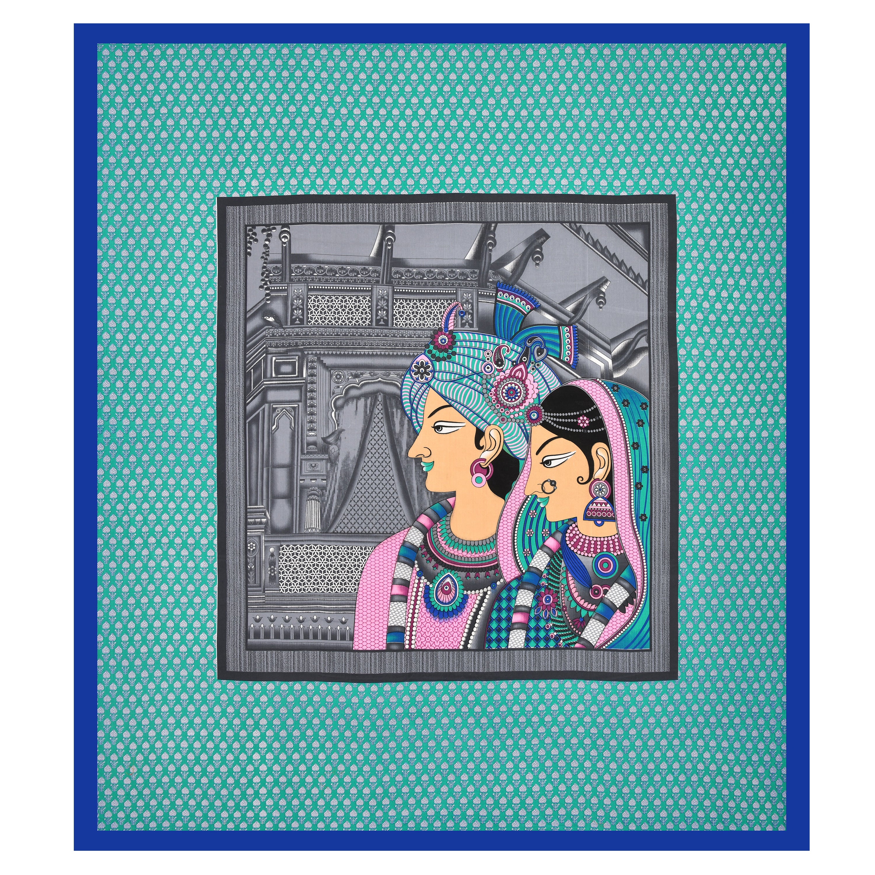 Raja Rani Print Cotton Bedsheet – Royal Teal Edition (Double Bed Size)