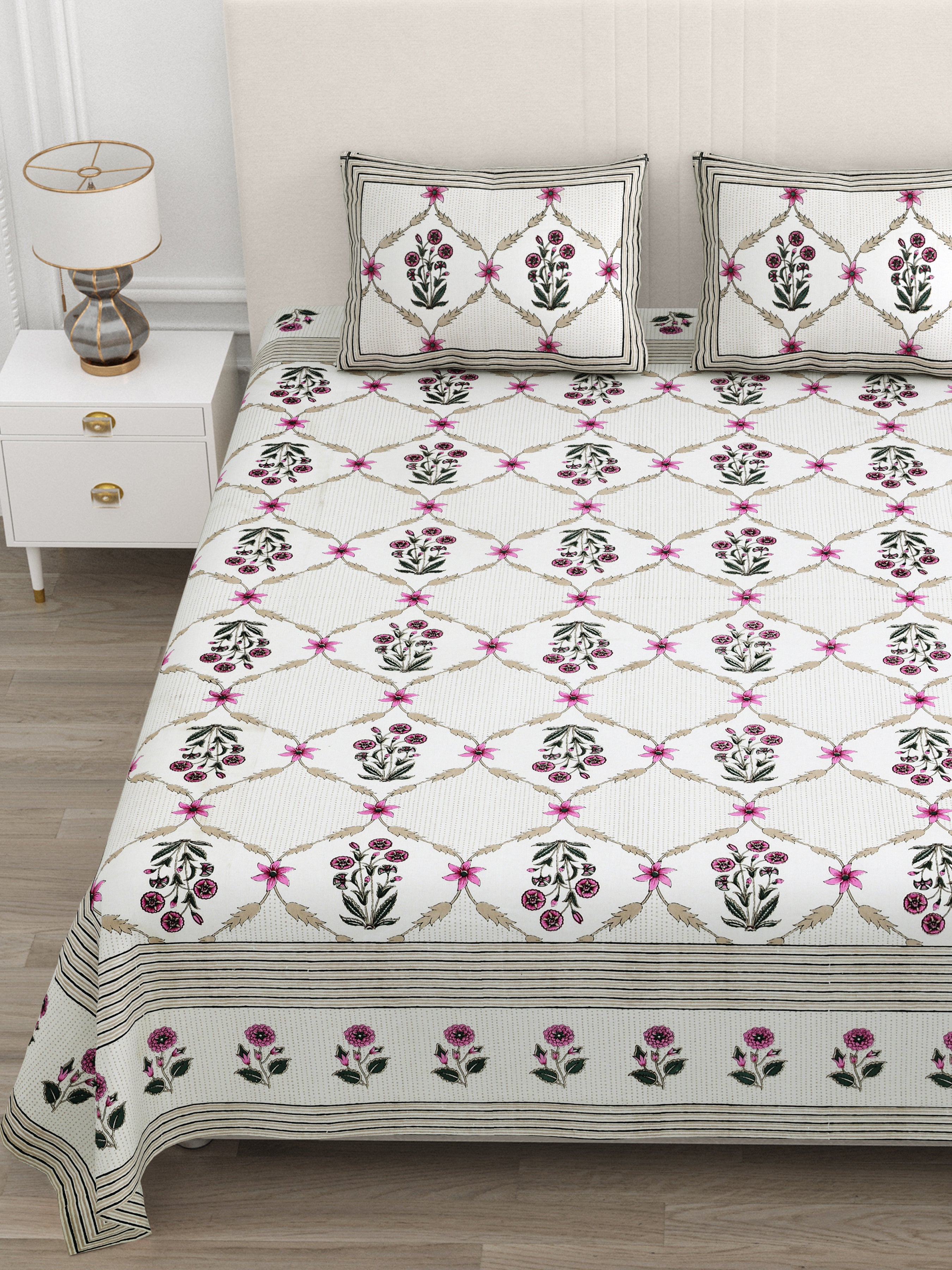 Rose Floral Lattice Print King Size Bedsheet