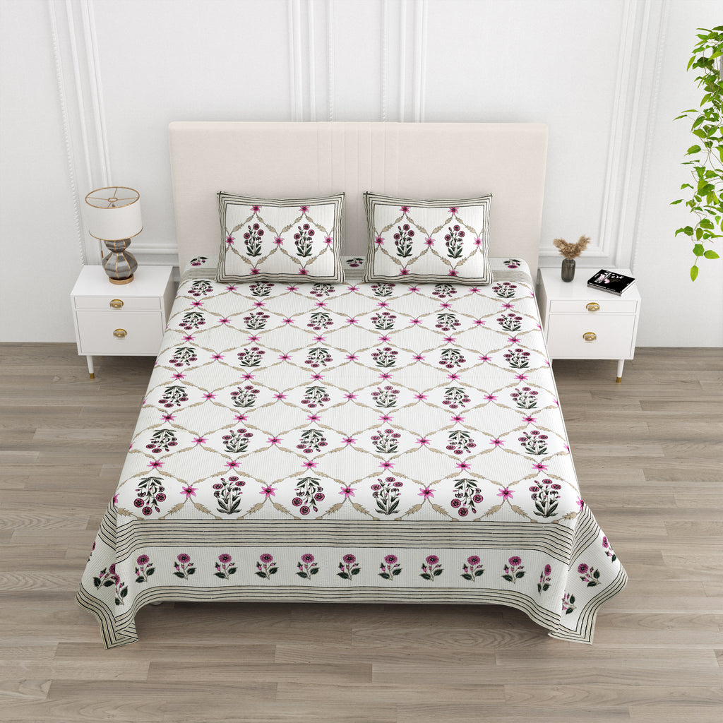 Rose Floral Lattice Print King Size Bedsheet