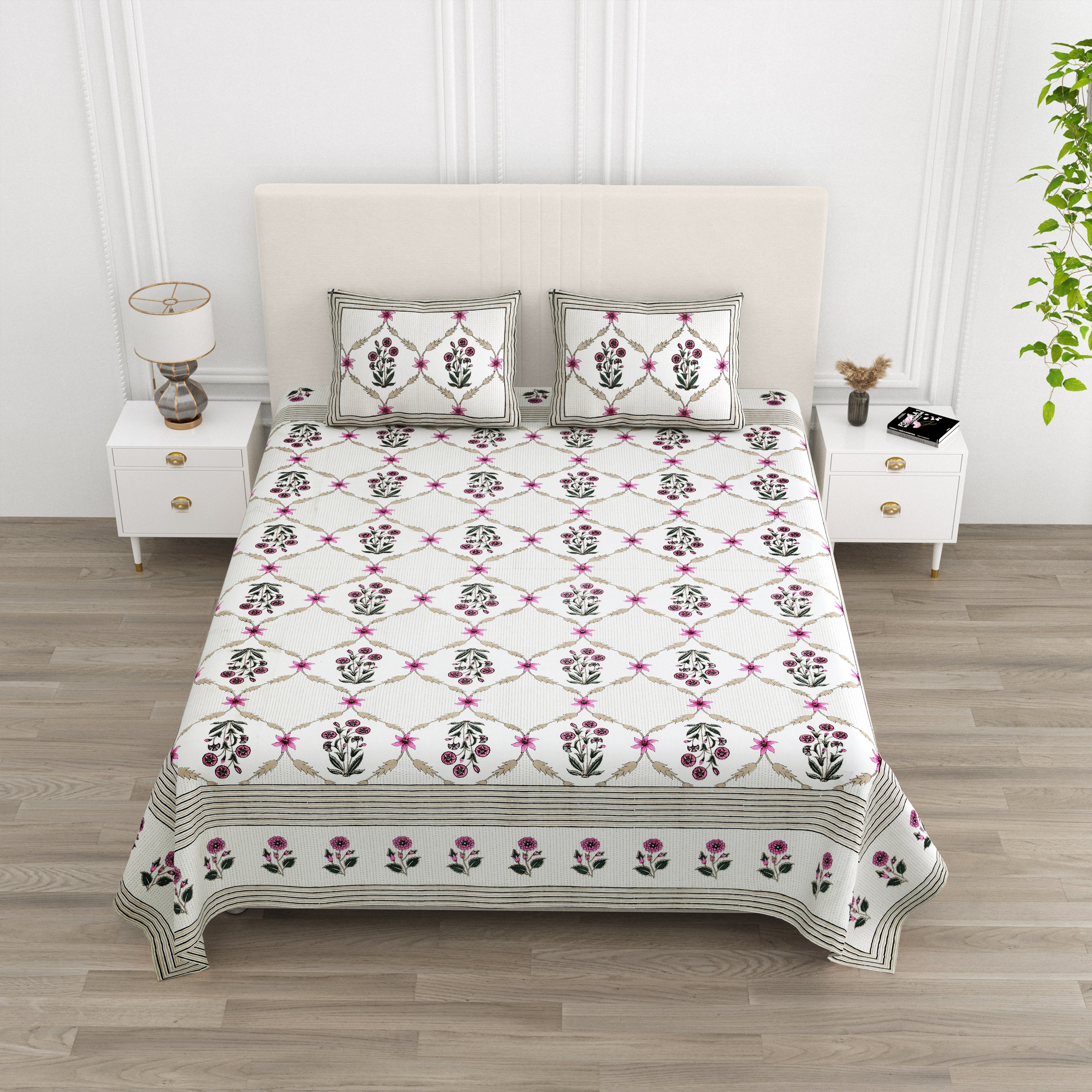 Rose Floral Lattice Print King Size Bedsheet