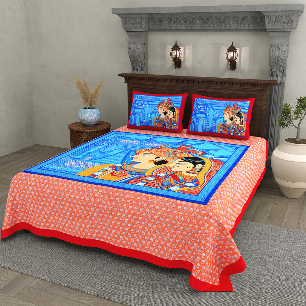 Raja Rani Print Cotton Bedsheet – Royal Crimson Blue Edition (Double Bed Size)