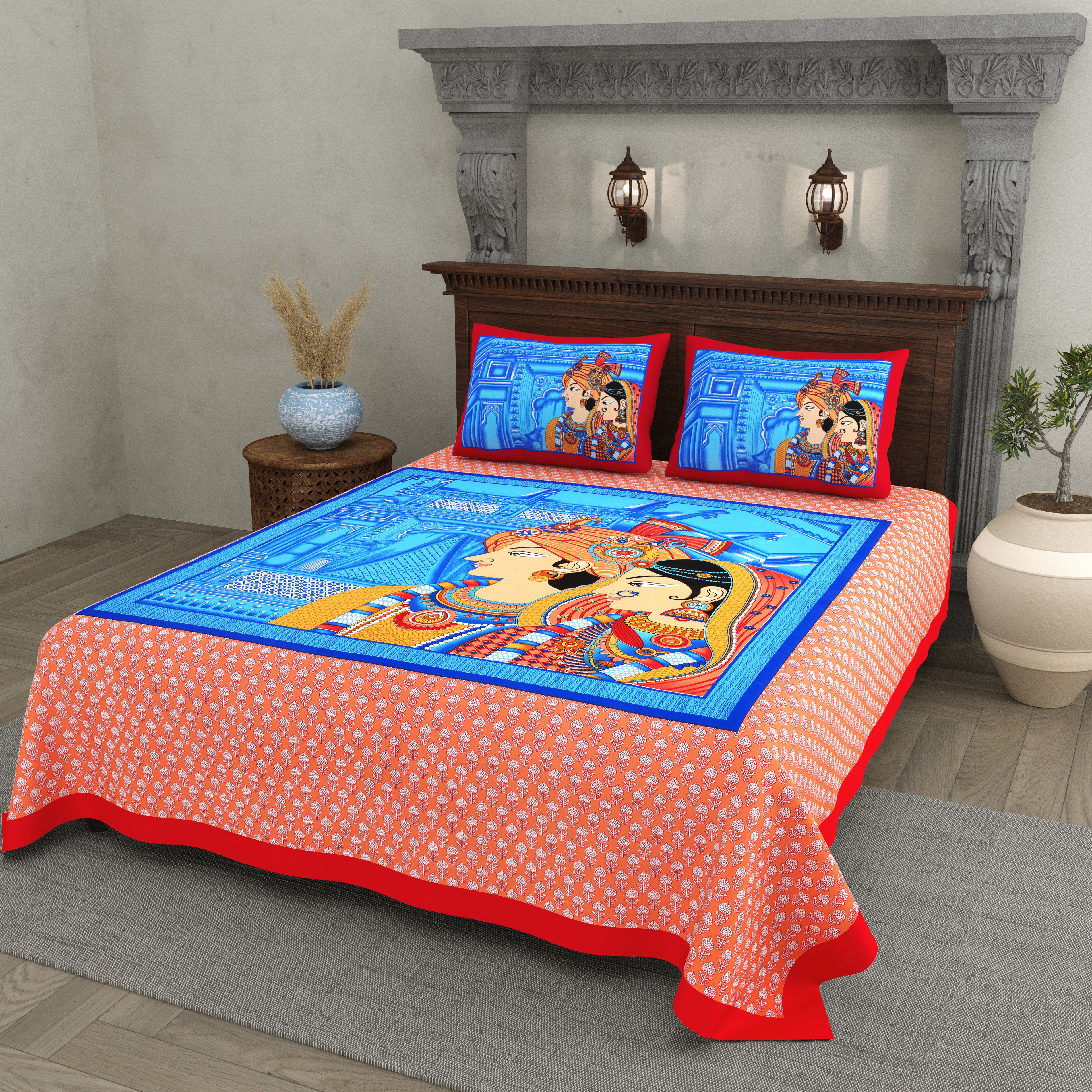 Raja Rani Print Cotton Bedsheet – Royal Crimson Blue Edition (Double Bed Size)