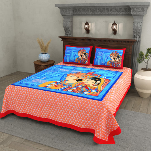 Raja Rani Print Cotton Bedsheet – Royal Crimson Blue Edition (Double Bed Size)