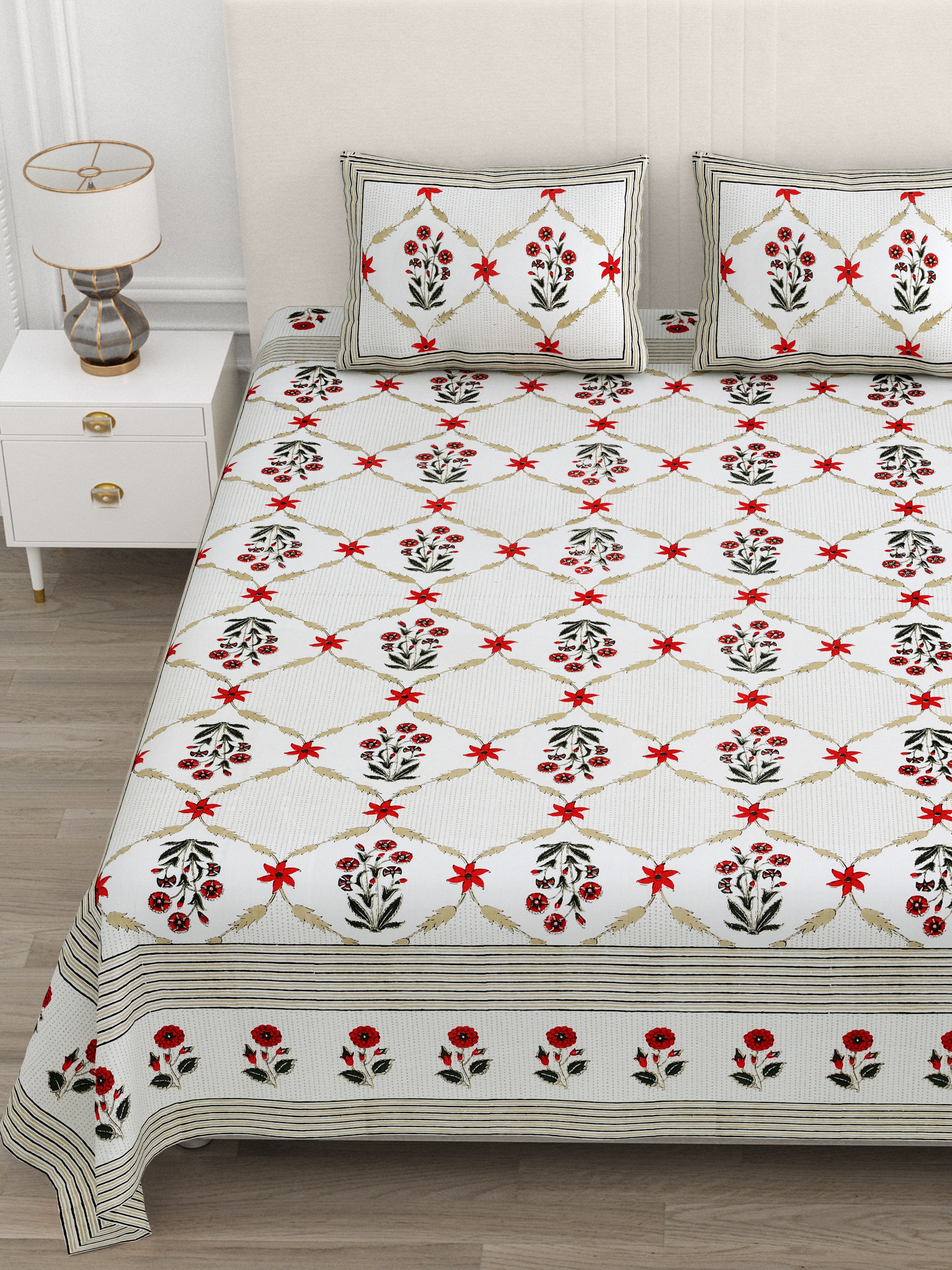 Crimson Floral Lattice Print King Size Bedsheet