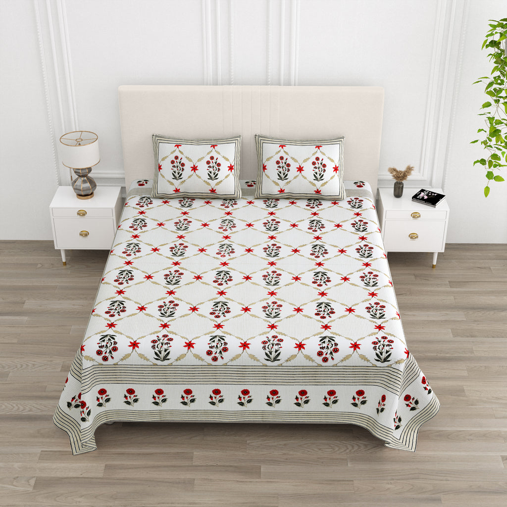 Crimson Floral Lattice Print King Size Bedsheet