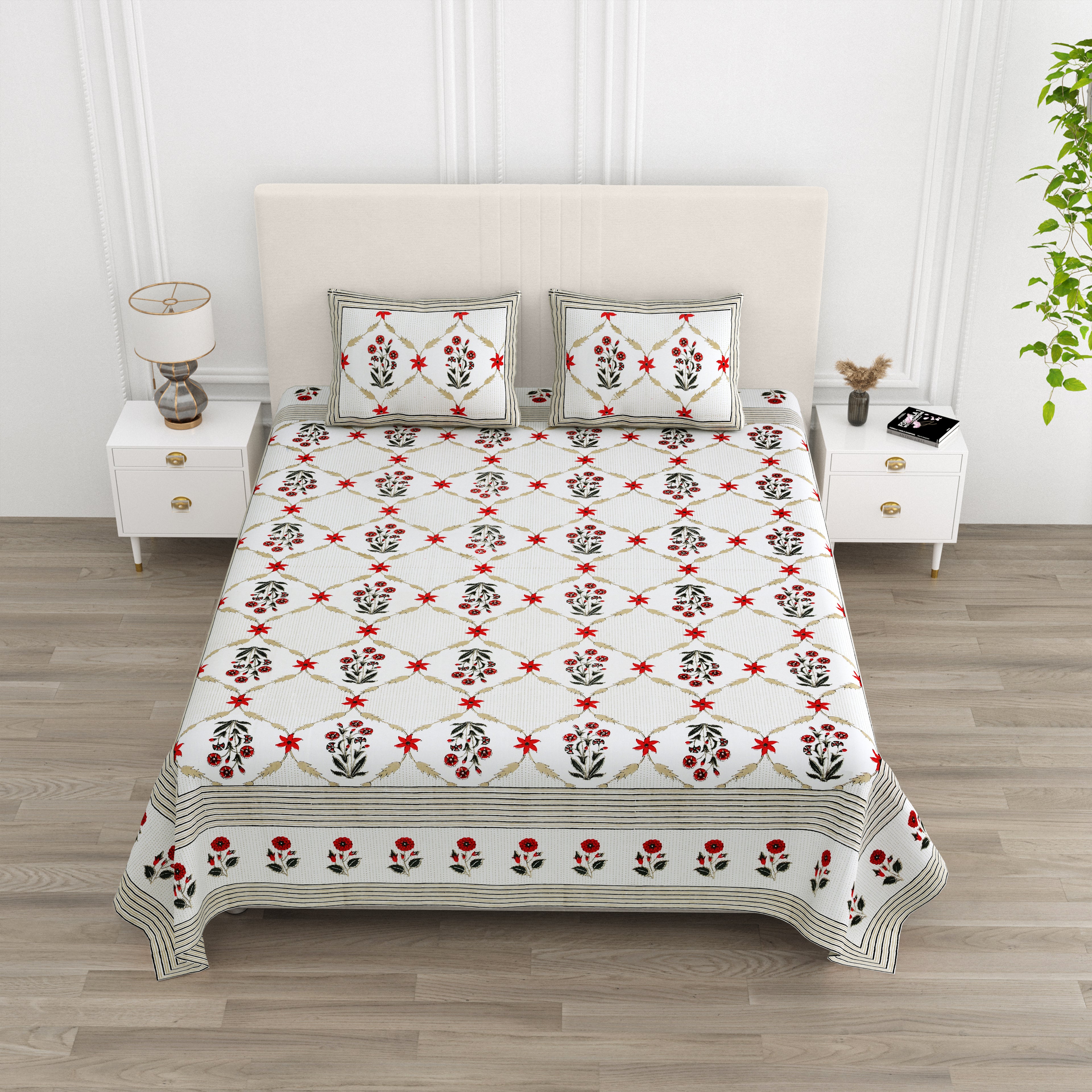 Crimson Floral Lattice Print King Size Bedsheet