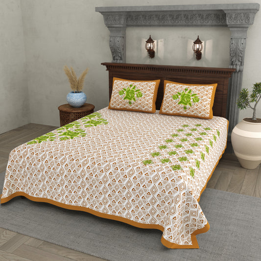 Elegant Green Floral & Geometric Print Cotton Bedsheet Set