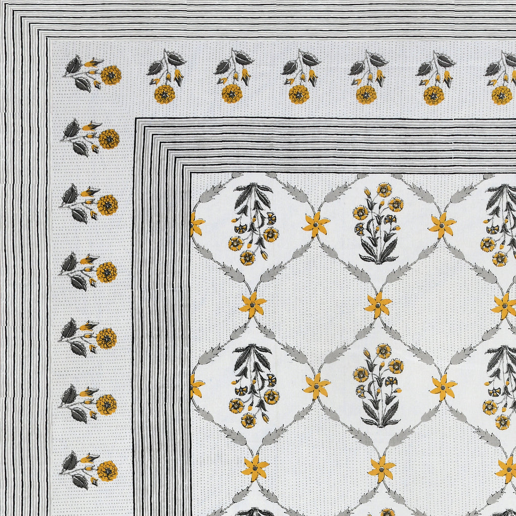 Mustard Floral Lattice Print King Size Bedsheet