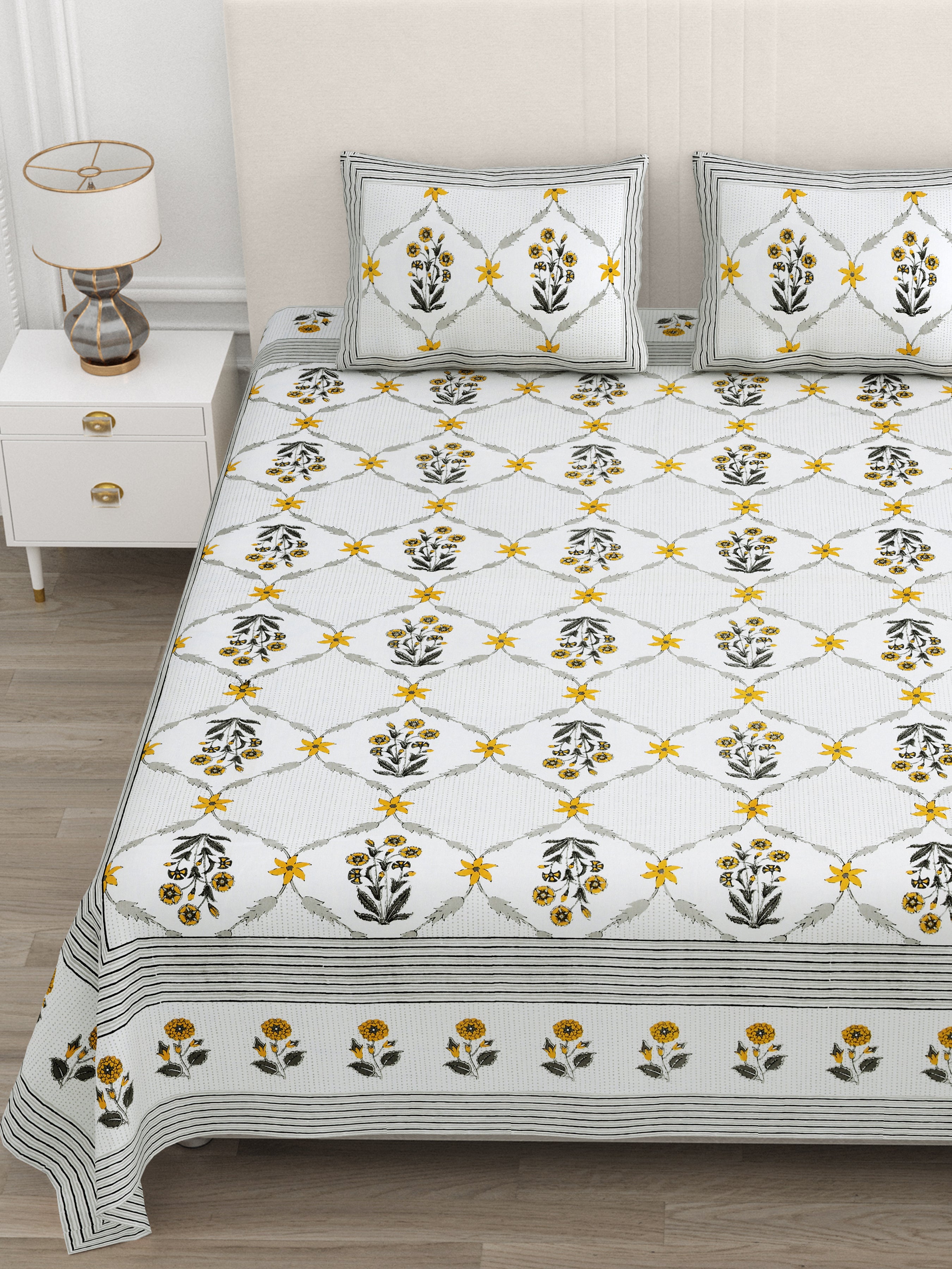 Mustard Floral Lattice Print King Size Bedsheet