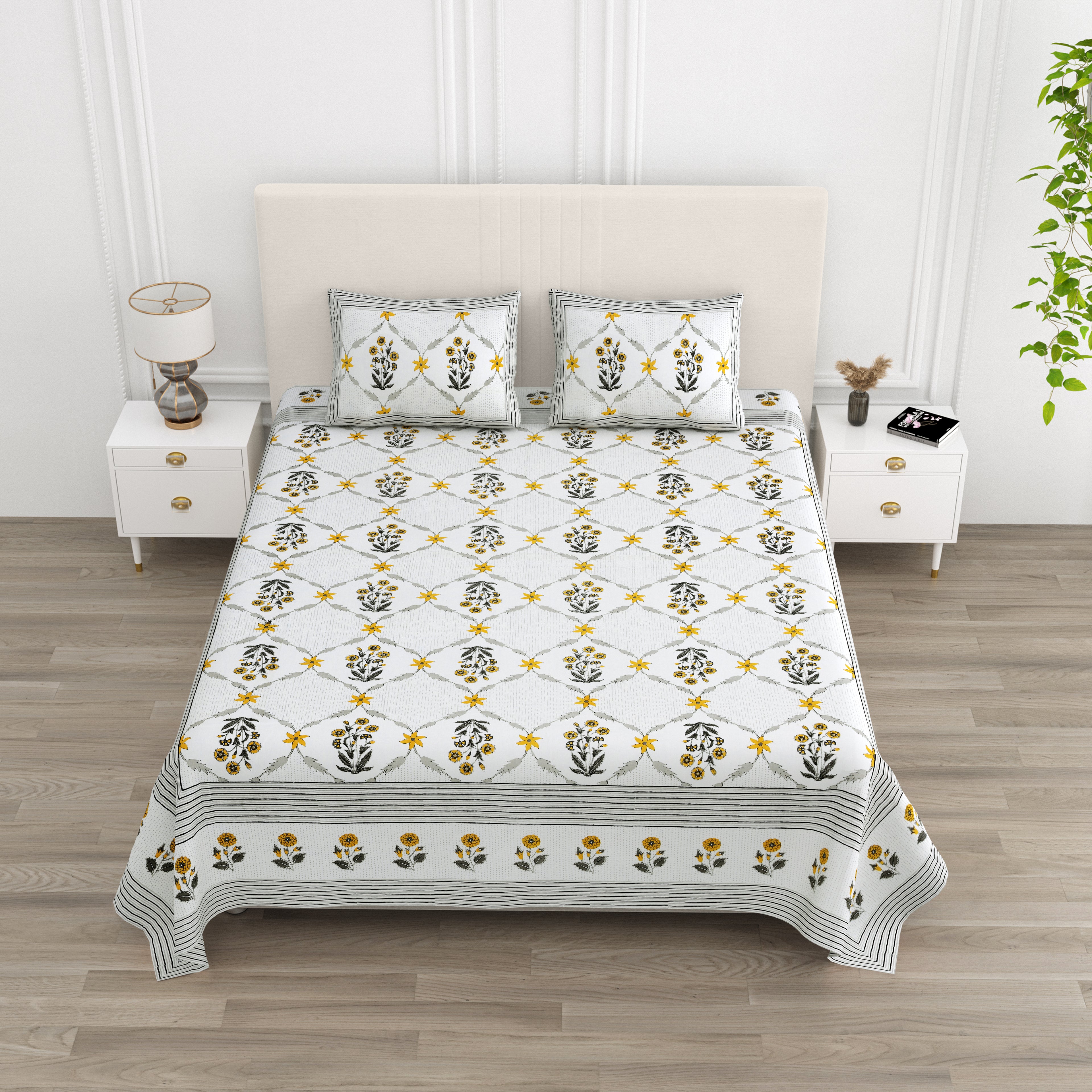 Mustard Floral Lattice Print King Size Bedsheet