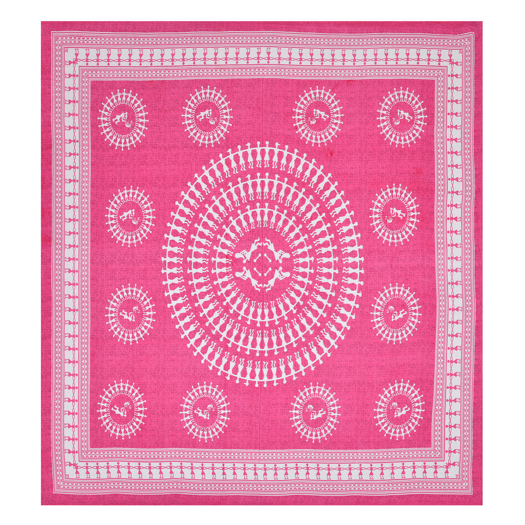 Pink Warli Cotton Bedsheet – Tribal Dance Folk Art