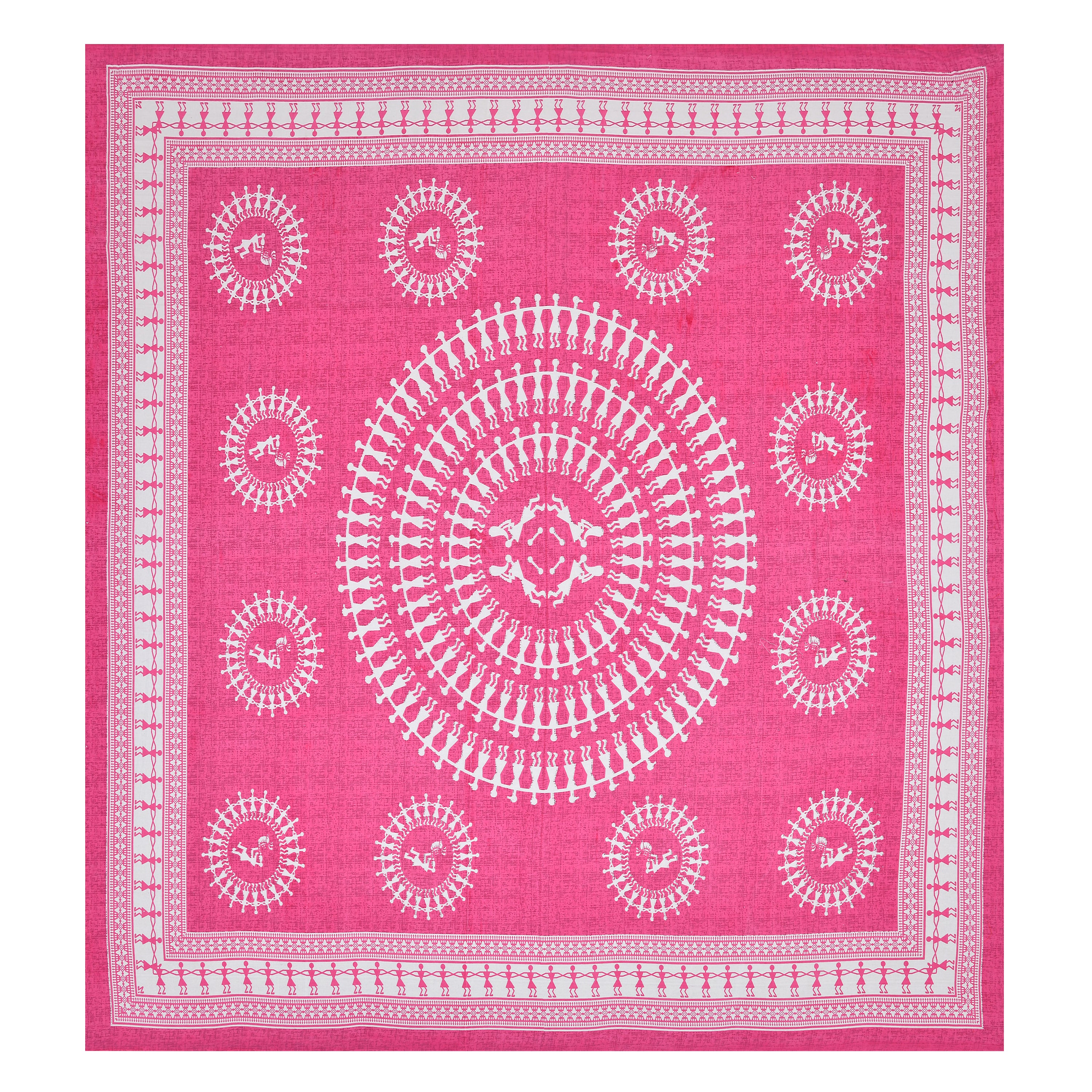Pink Warli Cotton Bedsheet – Tribal Dance Folk Art