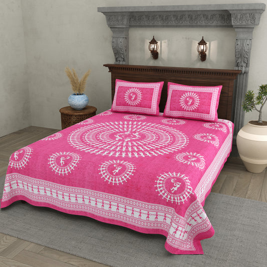 Pink Warli Cotton Bedsheet – Tribal Dance Folk Art