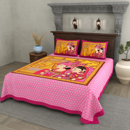 Royal Raja Rani Print – Pink Cotton Bedsheet Set