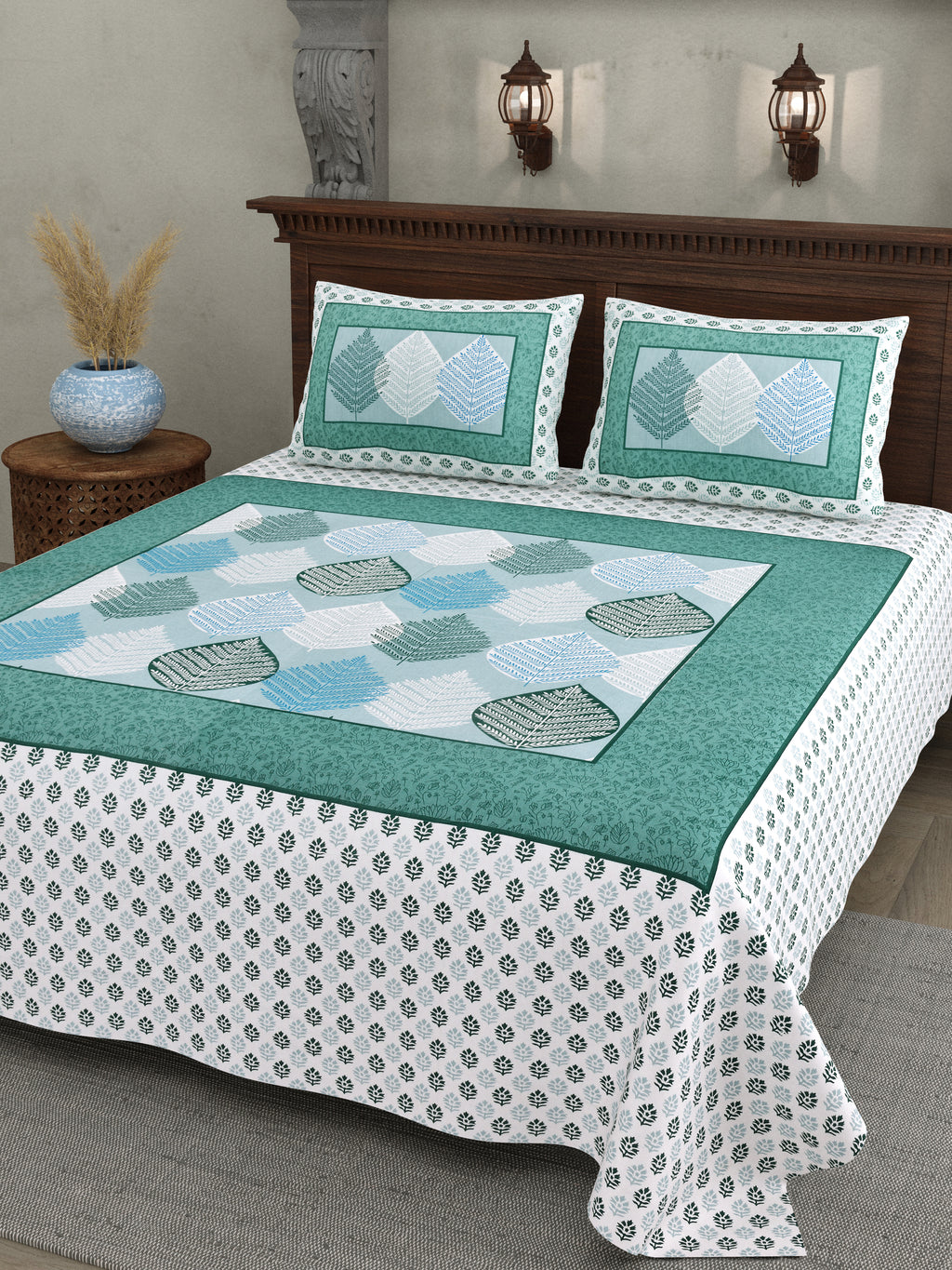 Teal Leaf Design Cotton Bedsheet Set