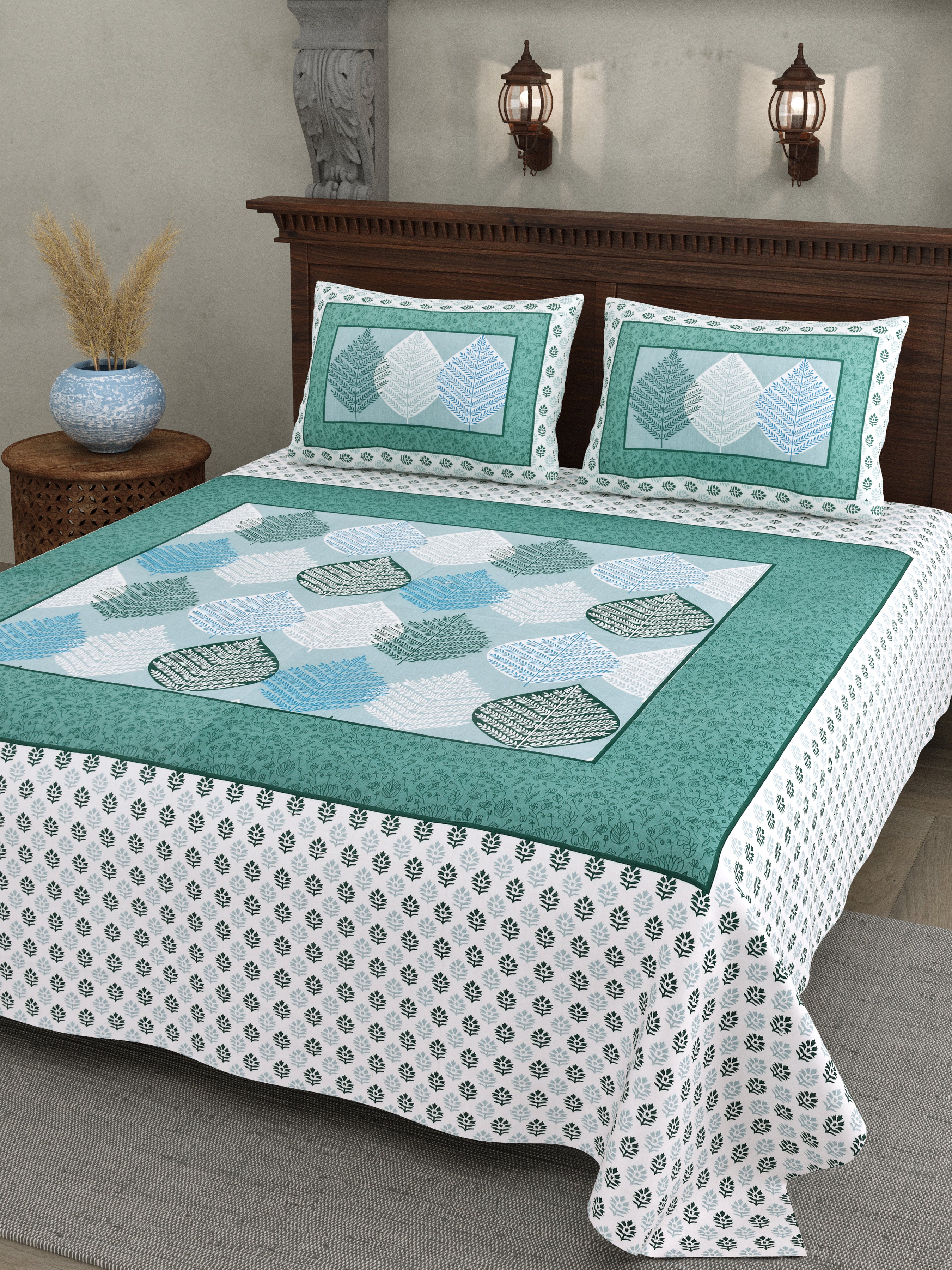 Teal Leaf Design Cotton Bedsheet Set