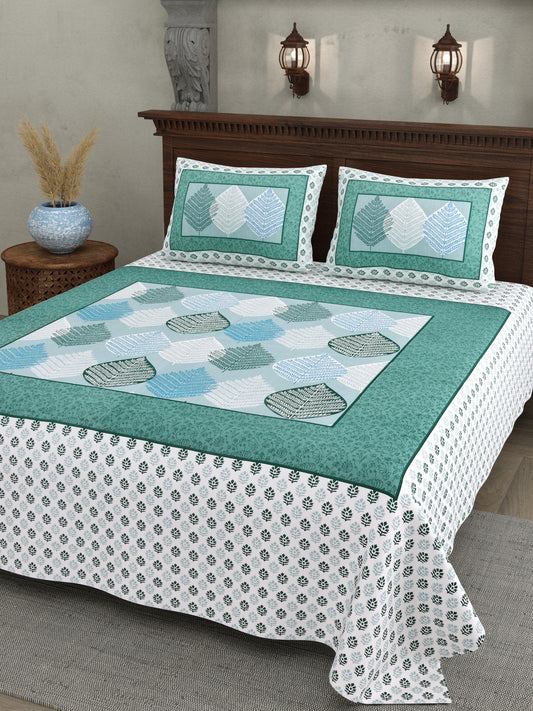 Teal Leaf Design Cotton Bedsheet Set