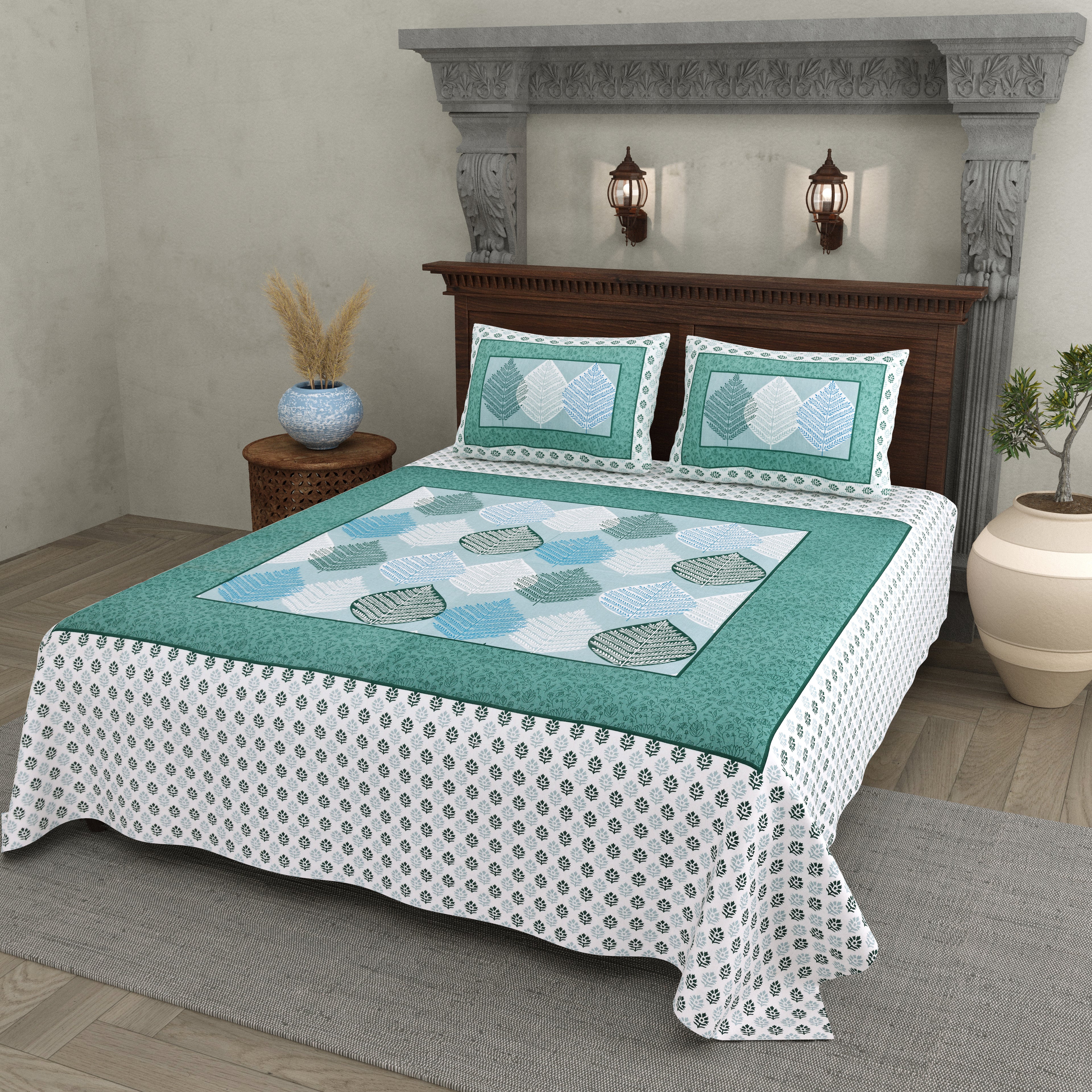 Teal Leaf Design Cotton Bedsheet Set