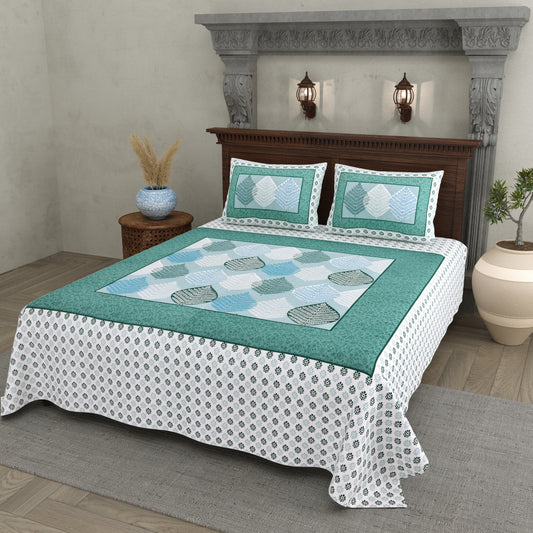 Teal Leaf Design Cotton Bedsheet Set