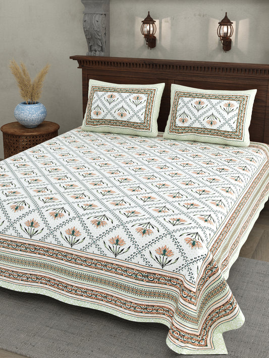 Rust & Green Floral Vines Cotton Bedsheet Set