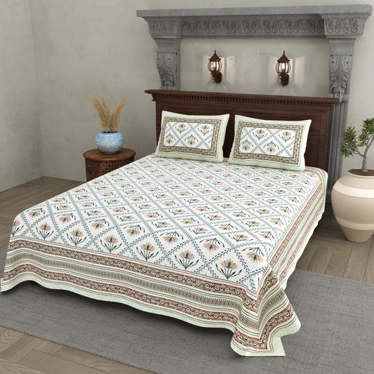 Rust & Green Floral Vines Cotton Bedsheet Set
